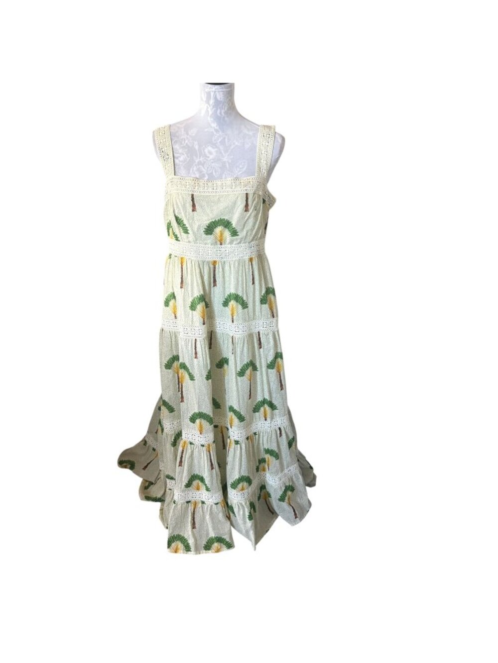 Calypso St Barth Tiered Ruffle Palm Tree Maxi Dress Flowy Large